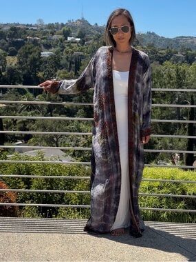 Sun Child Silk Kimono Duster Gray Red Coachella Festival Outfit One Size